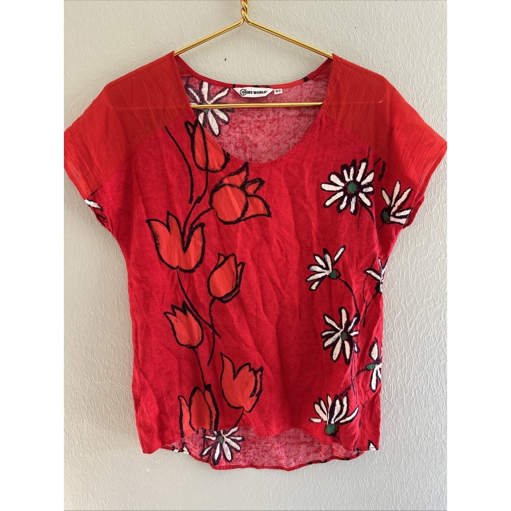 Jams World Blouse Vintage Size Xs Forget Me Not Red Tulip Daisy Hawaii Vacation